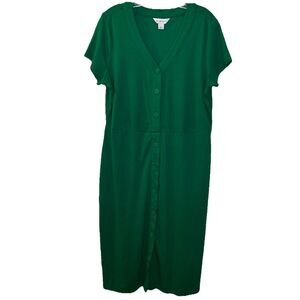Liz Claiborne Green Button Front Midi Dress Size Large V Neck Short Sleeve Flaw